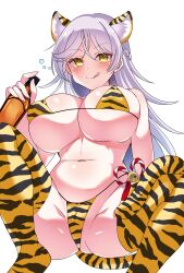 8wano_r animal_ear_hairband animal_ears animal_print bikini braid breasts cameltoe cleavage fake_animal_ears fake_tail gizeric_fausta hairband highres iris_mysteria! large_breasts long_hair looking_at_viewer m_legs navel panties smile spread_legs striped_clothes striped_panties swimsuit tail thighhighs tiger_print tongue tongue_out underboob underwear variant_set white_hair yellow_eyes