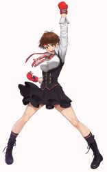 1girl :d arm_up bare_legs black_boots black_skirt black_socks black_vest blouse boots breasts brown_eyes brown_hair capcom clenched_hand clenched_hands collared_shirt female_focus fighting_stance fingerless_gloves full_body gloves happy headband highres kasugano_sakura knee_boots kneehighs lace-up_boots layered_skirt legs legs_apart long_sleeves looking_at_viewer medium_breasts nigou open_mouth pigeon-toed pink_background raised_fist red_gloves red_headband shiny_skin shirt short_hair simple_background skirt smile socks solo standing street_fighter street_fighter_v tomboy vest victory_pose white_background white_shirt
