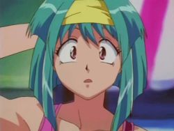 1990s_(style) 1girl animated animated_gif arm_behind_head arm_up breasts burn-up burn-up_excess cleavage collarbone female_focus green_hair hairband jinguu_maya large_breasts looking_at_viewer outdoors pov reaching red_eyes retro_artstyle short_hair solo_focus staring tank_top wide-eyed