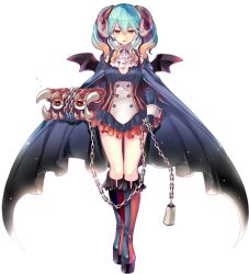 Rule 34 | 1girl, artist request, bad source, bat wings, blue hair, boots, breasts, cape, chain, cleavage cutout, clothing cutout, dress, full body, game cg, holding, horns, lapis (sennen sensou aigis), long sleeves, multicolored hair, official art, open mouth, orange eyes, orange hair, sennen sensou aigis, solo, teeth, third-party source, transparent background, upper teeth only, wings