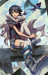 1girl absurdres aegyo_sal armpit_crease black_footwear black_hair black_shirt black_shorts blue_sky boots cape commentary english_commentary feet_on_chair full_body gen_6_pokemon highres long_hair nintendo noivern pokemon pokemon_(creature) pokemon_oras ponytail red_eyes ryairyai shirt shorts sitting sky sleeveless sleeveless_shirt thighhighs toeless_footwear white_cape white_thighhighs zinnia_(pokemon)