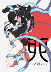 1girl 2023 absurdres animal_ears barefoot black_hair black_shirt blush bottomless bow bowtie colored_inner_hair fukutchi highres looking_at_viewer multicolored_hair nengajou new_year one_eye_covered open_mouth original pink_hair purple_eyes rabbit_ears rabbit_girl rabbit_pose rabbit_tail school_uniform serafuku shirt soles solo tail tentacle_sex tentacles tentacles_under_clothes two-tone_hair white_bow white_bowtie