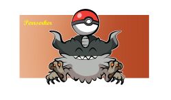absurdres animal_focus artist_request character_name chibi claws creature full_body gen_8_pokemon grin highres horns nintendo no_humans open_mouth perrserker poke_ball pokemon pokemon_(creature) sitting smile