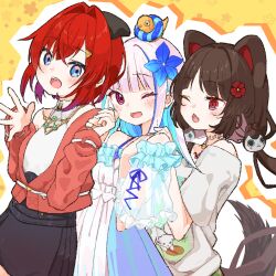 Rule 34 | 3girls, :o, absurdres, ange katrina, ange katrina (2nd costume), animal, animal ears, animal hair ornament, animal on head, belt, bird, bird on head, black bow, black skirt, blue eyes, blue flower, blue hair, blue nails, blunt bangs, blush, bow, breasts, brown hair, brown tail, choker, collared shirt, colored inner hair, commentary request, cowboy shot, dated, detached sleeves, dog ears, dog girl, dog tail, dress, fang, floral background, flower, frilled dress, frilled sleeves, frills, from side, gold necklace, group picture, hair bow, hair flower, hair intakes, hair ornament, hand on another&#039;s shoulder, hand on own shoulder, hands up, high-waist skirt, highres, holding hands, innertube, inui toko, inui toko (2nd costume), jacket, jewelry, lace, lace choker, lize helesta, lize helesta (2nd costume), long hair, long sleeves, looking at another, looking at viewer, low twintails, monocle, multicolored hair, multiple girls, nail polish, necklace, nijisanji, off-shoulder shirt, off shoulder, on head, one eye closed, open mouth, outline, pendant choker, print shirt, purple eyes, red eyes, red flower, red hair, red jacket, sanbaka (nijisanji), sebastian piyodore, shirt, short hair, sidelocks, skin fang, skirt, sleeveless, sleeveless dress, sleeveless shirt, small breasts, smile, streaked hair, swim ring, tail, teeth, textless version, triangle hair ornament, twintails, upper teeth only, virtual youtuber, white belt, white dress, white hair, white outline, white shirt, white sleeves, yellow background, yellow bird, yuzuki (yuduame)