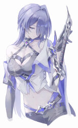 Rule 34 | 1girl, absurdres, acheron (honkai: star rail), black gloves, breasts, cleavage, commentary, crop top, earrings, gloves, hair intakes, hair over one eye, halterneck, haru same322, highres, honkai: star rail, honkai (series), jewelry, long hair, medium breasts, midriff, navel, purple eyes, purple hair, simple background, single bare shoulder, solo, upper body, very long hair, white background