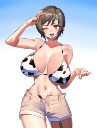 1girl absurdres alternate_breast_size animal_print bikini bikini_top_only blue_background breasts breasts_apart brown_eyes brown_hair brown_shorts cow_print final_fantasy final_fantasy_vii green_headband headband highres huge_breasts navel one_eye_closed open_mouth quanero short_hair short_shorts shorts smile solo stomach swimsuit v yuffie_kisaragi