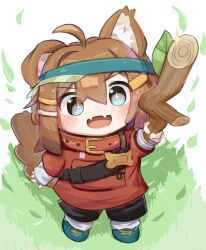 +_+ 08_m_latte 1girl :d ahoge animal_ear_fluff animal_ears black_shorts blue_eyes blue_shoes blush brown_hair chibi dog_ears dog_tail fangs full_body grass hair_between_eyes hair_ornament hairclip highres holding holding_stick jacket leaf long_sleeves looking_at_viewer loose_socks mamehinata open_mouth red_jacket shirt shoes shorts skin_fangs smile socks solo sparkle sparkling_eyes standing stick tail v-shaped_eyebrows visor_cap vrchat white_socks