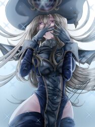 1girl blue_dress covering_own_mouth dress duel_monster gloves grey_hair hair_between_eyes hat hip_vent long_hair purple_eyes realyyser silent_magician sparkle tabard white_gloves white_hat wizard_hat yu-gi-oh!
