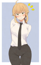 1girl absurdres ahoge alternate_costume arms_behind_back black_necktie black_pants blunt_bangs blush breasts brown_hair c: commentary_request contemporary dress_shirt formal_clothes furrowed_brow green_eyes highres large_breasts long_hair looking_at_viewer mushoku_tensei necktie norn_greyrat pants ponytail root_(1732050807point) shirt shirt_tucked_in sidelocks smile solo standing thigh_gap thighs white_shirt