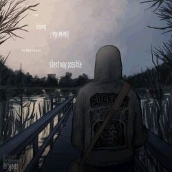 Rule 34 | 1boy, bag, branch, ch1ckenpretz, cry of fear, dappled sunlight, english text, forest, from behind, grey hoodie, highres, hood, hood up, hoodie, horizon, lake, male focus, nature, outdoors, pier, print hoodie, railing, reflection, reflective water, shoulder bag, simon henriksson, solo, sunlight, upper body, walking