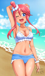 1girl ;d absurdres adapted_costume arm_up bikini blue_eyes bracelet breasts cloud collarbone commentary_request cowboy_shot day hair_between_eyes hair_ornament happy highres jewelry maho_(corotonton5150) navel nintendo one_eye_closed one_side_up open_mouth outdoors pink_hair pokemon pokemon_masters_ex sand shore sidelocks simple_background sky skyla_(pokemon) skyla_(summer_2025)_(pokemon) smile solo swimsuit teeth tongue upper_teeth_only water white_background