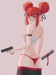 Rule 34 | 1girl, absurdres, arm strap, ass, axe, back, bare shoulders, black pants, black ribbon, blush, breasts, butt crack, camisole, clothes pull, covered erect nipples, crop top, cz75 (girls&#039; frontline), double bun, dual wielding, faye (girls&#039; frontline 2), from behind, girls&#039; frontline, girls&#039; frontline 2: exilium, gun, hair bun, hair ornament, hair ribbon, hairclip, highres, holding, holding axe, holding gun, holding weapon, light smile, looking at viewer, looking back, medium breasts, nipples, no bra, panties, pants, pants pull, red eyes, red hair, red panties, ribbon, see-through camisole, see-through clothes, short hair, shy, small breasts, solo, underwear, weapon, white camisole, yuuriy