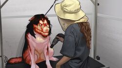 1girl angusburgers brown_hair commentary creepypasta english_commentary girl_with_the_dogs grey_shirt hair_dryer hat highres holding indoors leash long_hair looking_at_another parody real_life red_fur shedding shedding_fur shirt short_sleeves sitting smile.dog smile_dog standing t-shirt teeth veil