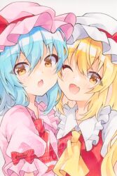 2girls ascot blonde_hair blue_hair blush bow cheek-to-cheek collared_shirt commentary fang flandre_scarlet frilled_shirt_collar frills hashtag-only_commentary hat hat_ribbon heads_together highres long_hair looking_at_viewer mob_cap multiple_girls one_eye_closed one_side_up open_mouth orange_eyes pink_hat red_ascot red_bow red_ribbon red_vest remilia_scarlet ribbon shirt siblings sisters skin_fang sleeve_bow smile touhou twitter_username vest watermark white_hat yellow_ascot yuiki_(cube)