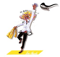 1girl arm_up black_necktie black_pants black_shoes closed_eyes collared_shirt dark-skinned_female dark_skin drop_shadow highres holding long_sleeves necktie nintendo open_mouth orange_hair pants patterned_hair shirt shoes smile solo splatoon_(series) splatoon_3 standing suspenders_hanging tao_blu tentacle_hair translation_request unworn_necktie white_shirt wildcard1_4