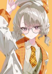 1girl absurdres amopui arm_up blazer blonde_hair closed_mouth commentary facial_mark glasses hashtag-only_commentary hat highres jacket komori_met komori_met_(6th_costume) looking_at_viewer necktie orange_background orange_eyes orange_necktie shirt simple_background solo virtual_youtuber vspo! white_shirt