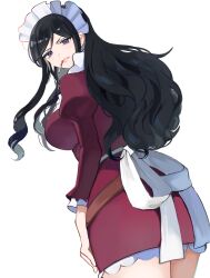1girl absurdres baby_5 black_hair blue_eyes breasts cigarette commentary dress highres kasuga_kaya large_breasts long_hair looking_back maid maid_headdress one_piece red_dress simple_background solo wavy_hair white_background