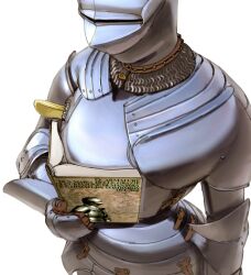 1other absurdres ambiguous_gender armor boobs_in_book_(meme) book commentary english_commentary female_knight full_armor highres holding holding_book knight meme open_book original other_focus plate_armor simple_background solo wass_nonnam white_background