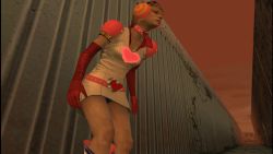 1girl 3d antennae belt blonde_hair boots breasts brown_eyes choker cleavage costume female_focus gloves hack headphones heart heather_mason legs outdoors panties plant princess_heart short_hair silent_hill silent_hill_(series) silent_hill_3 skirt sky solo star_(symbol) underwear upskirt vines wall