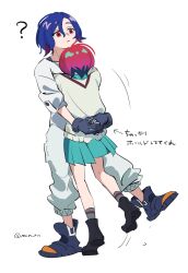 1boy 1girl ? amate_yuzuriha aqua_shirt aqua_skirt blue_hair collared_shirt colored_inner_hair gloves gundam gundam_gquuuuuux highres hug long_sleeves mochino_ron multicolored_hair open_mouth purple_hair red_eyes red_hair school_uniform shirt short_hair shuji_ito simple_background skirt sweater tank_top two-tone_hair white_background white_shirt