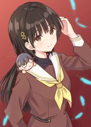 Rule 34 | 1girl, absurdres, animification, black hair, blue feathers, blush, breasts, brown dress, brown eyes, character doll, closed mouth, commentary request, doll on shoulder, dress, falling feathers, feathers, grey hair, hair ornament, hanazora satsuki, hasu no sora school uniform, highres, katsuragi izumi, link! like! love live!, long hair, long sleeves, love live!, medium breasts, neckerchief, nesoberi, real life, red background, sailor collar, sailor dress, school uniform, shindou amane, simple background, solo, triangle hair ornament, virtual youtuber, voice actor, white sailor collar, winter uniform, wolf cut, yellow neckerchief