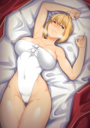 1girl ahoge armpits bare_arms bare_legs bare_shoulders blonde_hair blush braid breasts breasts_apart breath closed_mouth collarbone covered_navel cowboy_shot dyun fate/extra fate_(series) gluteal_fold green_eyes hands_up highleg highleg_leotard highres large_breasts leotard looking_at_viewer lying nero_claudius_(fate) nero_claudius_(fate/extra) on_back smile solo thigh_gap white_leotard