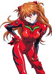 1girl absurdres blue_eyes derivative_work female_focus gainax hand_on_own_hip highres long_hair long_image maxxyne mecha_pilot_suit neon_genesis_evangelion one_eye_closed orange_hair plugsuit_(evangelion) smile solo souryuu_asuka_langley tall_image transparent_background vector_trace wink
