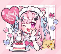 1girl :3 ahoge animal_ear_fluff animal_ears animal_hands balloon bandaid bandaid_hair_ornament birthday_cake blue_bow blush bow breasts cake cat cat_ears cat_girl cleavage_cutout clothing_cutout collarbone crumbs dress elbow_rest fish_hair_ornament food fork ghost_hair_ornament grid_background hair_bow hair_ornament hairclip happy_birthday heart heart_balloon heart_hair_ornament highres holding holding_fork indie_virtual_youtuber long_hair looking_at_viewer maid maid_headdress nekotaririn one_eye_closed open_mouth paw_print pink_background pink_bow pink_dress pink_eyes pink_hair plate short_sleeves smile twitter_username two_side_up virtual_youtuber white_background white_wrist_cuffs wing_hair_ornament wrist_cuffs yellow_cat yuuki_sakuna yuuki_sakuna_(1st_costume)