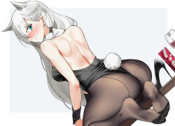 1girl animal_ears ass blue_eyes blush cup drinking_glass feet girls&#039;_frontline highres ksvk_(girls&#039;_frontline) leotard long_hair looking_at_viewer looking_back nakamura_rohane pantyhose playboy_bunny poker_chip shoes single_shoe soles toes unworn_shoes white_hair wine_glass
