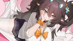 Rule 34 | 1girl, black choker, black skirt, blush, bow, bowtie, breasts, brown hair, choker, cleavage, hair between eyes, hair ornament, haitai umita, hand on own face, highres, horns, large breasts, long hair, looking at viewer, orange bow, original, pleated skirt, pointy ears, purple eyes, school uniform, scrunchie, shirt, skirt, smile, solo, thighhighs, white shirt, white thighhighs, wrist scrunchie