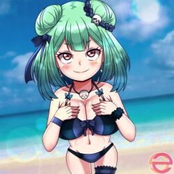 alternate_breast_size beach bra breasts brown_eyes collar double_bun green_hair hair_bun highres hololive hololive_fantasy large_breasts panties seireiart smile underwear uruha_rushia virtual_youtuber