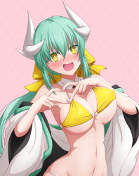 Rule 34 | 1girl, bare shoulders, bikini, blush, bow, breasts, cleavage, detached collar, dragon girl, dragon horns, fate/grand order, fate (series), green hair, hair bow, hasebe akira, heart, heart hands, highres, horns, japanese clothes, kimono, kiyohime (fate), kiyohime (swimsuit lancer) (first ascension) (fate), large breasts, long hair, long sleeves, looking at viewer, off shoulder, open mouth, smile, solo, swimsuit, white kimono, wide sleeves, yellow bikini, yellow bow, yellow eyes