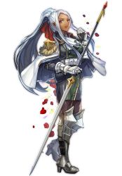 Rule 34 | 1girl, armor, belt, cape, dark-skinned female, dark skin, dress, flower, gauntlets, it&#039;s my life (narita imomushi), lance, leather, leather belt, leg armor, long hair, looking at viewer, narita imomushi, petals, polearm, red eyes, rose, rose petals, rosenrot stein, shoulder pads, simple background, solo, tight clothes, weapon, white background, white hair