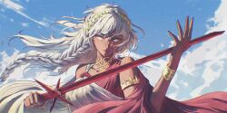 1girl arie_hagipherione_zahard arm_up artist_name bare_shoulders blue_sky bracelet braid choker cloud dark-skinned_female dark_skin day eye_symbol floating floating_hair gold_bracelet gold_choker greco-roman_clothes highres holding holding_sword holding_weapon jewelry kapxapius laurel_crown laurels light_smile lips long_hair looking_at_viewer original shadow single_braid sky solo sunlight sword tower_of_god upper_body weapon white_eyes white_hair
