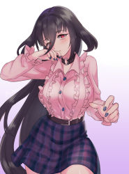 1girl arm_up belt belt_skirt black_hair blue_nails blush breasts buttons chamame checkered_clothes checkered_skirt choker closed_mouth collared_shirt expressionless frilled_shirt frills gradient_background hair_between_eyes highres large_breasts long_hair medium_skirt multicolored_background nail_polish o-ring o-ring_choker pink_shirt purple_background red_eyes shirt sidelocks skirt solo standing very_long_hair white_background yamada_tae zombie_land_saga