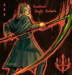 Rule 34 | 1boy, artist name, beard, black capelet, black pants, black robe, boots, bracer, capelet, character name, elden ring, elden ring: shadow of the erdtree, facial hair, helmet, highres, holding, holding scythe, holding weapon, long hair, male focus, pants, rashuu, red background, robe, scythe, sir ansbach, solo, weapon, white hair