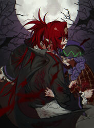 Rule 34 | 1boy, 1girl, :d, alchemist cookie, arm at side, asymmetrical hair, bare tree, bat (animal), black-framed eyewear, black cape, black hat, black shirt, blood, blood from mouth, blood on clothes, blood on face, blood on hands, blurry, blurry foreground, braid, brother and sister, brown capelet, cape, capelet, chromatic aberration, clenched teeth, commentary, cookie run, eyes visible through hair, fang, feet out of frame, frilled sleeves, frills, from behind, full moon, glasses, hair over one eye, hand on another&#039;s waist, hat, high ponytail, highres, humanization, long hair, long sleeves, looking at viewer, looking back, moon, nail polish, open mouth, pants, pointy ears, ponong, ponytail, profile, purple eyes, purple hair, purple nails, purple sky, red hair, round eyewear, shirt, shirt tucked in, siblings, sideways glance, sideways mouth, single braid, sitting, sky, smile, striped clothes, sweat, symbol-only commentary, teeth, tree, turning head, upper body, v-shaped eyebrows, vampire, vampire cookie, vertical-striped capelet, vertical-striped clothes, vignetting, white pants, wide sleeves