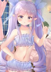 1girl :o bare_shoulders bed blue_bra blue_panties blue_ribbon blunt_bangs blush bra cinderella_bust collarbone commentary_request cowboy_shot curtains elf flat_chest frilled_bra frilled_panties frills groin hair_ribbon halterneck hand_on_own_hip highres index_finger_raised indoors kyoka_(princess_connect!) long_hair looking_at_viewer midriff multicolored_eyes navel panties parted_lips plant pointy_ears potted_plant princess_connect! purple_eyes purple_hair revision ribbon sidelocks solo standing teren twintails underwear underwear_only very_long_hair wall_lamp window yellow_eyes