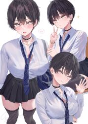 1girl absurdres arm_under_breasts bag black_choker black_hair black_skirt black_thighhighs blue_bag blue_necktie blush bra_visible_through_clothes breast_pocket breasts buttons chair choker cleavage collar collared_shirt commentary_request diagonal-striped_clothes diagonal-striped_necktie earrings gold_necklace grey_eyes hair_between_eyes hand_up head_tilt heart heart_in_eye heart_necklace highres jewelry large_breasts long_sleeves looking_at_viewer multiple_views nail_polish necklace necktie norio_(noriosub) on_chair open_mouth original partially_unbuttoned pink_nails pleated_skirt pocket see-through_clothes shirt shirt_tucked_in short_hair shoulder_bag signature simple_background sitting skirt smile solo sparkle spoken_blush striped_clothes sweat symbol_in_eye thighhighs thighs tomboy v waving white_background white_collar white_shirt