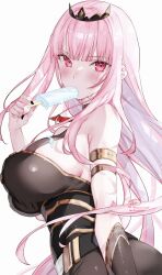 Rule 34 | 1girl, absurdres, armlet, bare shoulders, belt, black belt, black dress, black nails, black tiara, blush, breasts, commentary, dress, eating, english commentary, fingernails, food, highres, holding, holding food, holding popsicle, hololive, hololive english, jewelry, kamiya maneki, large breasts, long hair, looking at viewer, mori calliope, mori calliope (1st costume), nail polish, pink eyes, pink hair, popsicle, signature, simple background, single bracer, sleeveless, sleeveless dress, solo, sweat, tiara, twitter username, virtual youtuber, white background
