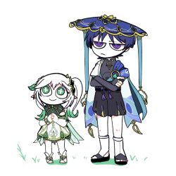1boy 1girl anemo_symbol_(genshin_impact) anklet aqua_gemstone black_bodysuit black_bow black_bridal_gauntlets black_leggings black_sandals black_shorts bloomers blue_cape blue_hat blue_kimono blue_sleeves blunt_ends bodysuit bow bracelet bridal_gauntlets bright_pupils cape closed_mouth colored_skin colored_tips cross-shaped_pupils crossed_arms detached_sleeves dress expressionless eyeliner eyeshadow full_body furisode gem genshin_impact gold gold_ring gold_trim gradient_hair green_cape green_eyes green_hair green_sleeves hair_ornament hakama hakama_shorts half_crown_braid hat highres holding_own_arm japanese_clothes jewelry jingasa juban kimono layered_sleeves leaf leaf_hair_ornament leg_warmers leggings long_hair looking_up makeup mandarin_collar middle_ring multicolored_hair nahida_(genshin_impact) open_clothes open_kimono own_hands_clasped own_hands_together pleated_shorts pointy_ears purple_eyes purple_hair purple_rope red_eyeliner red_eyeshadow ringed_eyes rope sandals scaramouche_(genshin_impact) short_sleeves shorts shoulder_peek side_ponytail sidelocks smile socks standing symbol-shaped_pupils tassel toeless_socks toes underwear user_jzts3755 vision_(genshin_impact) wanderer_(genshin_impact) white_background white_bloomers white_dress white_hair white_kimono white_leg_warmers white_pupils white_skin white_sleeves white_socks white_trim wispy_bangs zouri