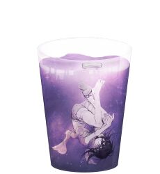 1boy :o absurdres air_bubble alternate_costume belt bubble commentary_request cup danganronpa_(series) danganronpa_v3:_killing_harmony drinking_glass eyeegg fetal_position full_body grey_sandals grey_shorts hair_between_eyes highres in_container in_cup jacket korean_commentary left_shoe_removed light_particles looking_at_viewer neck_ribbon oma_kokichi parted_lips purple_eyes ribbon sandals shirt shoe_loss short_hair short_sleeves shorts simple_background single_bare_foot soda solo sparkle submerged thigh_belt thigh_strap toenails toes upside-down white_background white_belt white_jacket white_ribbon white_shirt