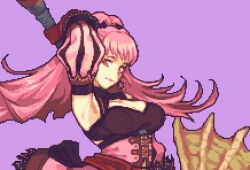1girl arm_up armpits bare_shoulders breasts cleavage corset detached_sleeves fire_emblem fire_emblem:_three_houses freikugel_(fire_emblem) glaceo gloves hilda_valentine_goneril holding holding_weapon large_breasts long_hair looking_at_viewer nintendo pink_eyes pink_hair pixel_art puffy_sleeves purple_background red_gloves simple_background solo upper_body very_long_hair weapon
