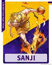 1boy artist_request ball basketball_(object) basketball_jersey basketball_uniform beard blonde_hair character_name dated dribbling_(basketball) facial_hair fire full_body grin highres holding holding_ball leg_hair looking_at_viewer los_angeles_lakers male_focus mustache national_basketball_association official_art one_piece promotional_art running sanji_(one_piece) shirt short_hair shorts smile solo sportswear very_short_hair yellow_shirt yellow_shorts