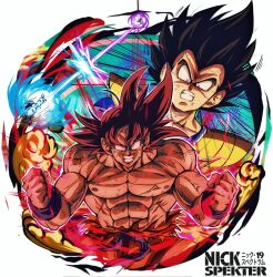 2boys aura black_hair clenched_hands clenched_teeth dragon_ball dragonball_z energy_beam galick_gun highres kaiouken kamehameha_(dragon_ball) male_focus multiple_boys muscular muscular_male nickelespektro parted_lips saiyan_armor son_goku surprised teeth topless_male upper_body vegeta