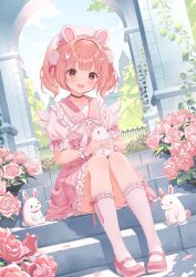 1girl bow commission flower hat hat_bow highres mini_wings original pink_bow pink_flower pink_hair pink_shirt pink_shoes pink_skirt rabbit shirt shoes sitting skeb_commission skirt socks solo stairs thighs white_hat white_socks wings yoshino_ryou
