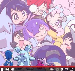 Rule 34 | absurdres, baseball cap, black gloves, black hair, black hoodie, blue eyes, blue hair, blush, blush stickers, bonnet, bow-shaped hair, camera, character hair ornament, closed eyes, closed mouth, colored inner hair, dot (pokemon), dress, eyelashes, fake hair bun, gen 1 pokemon, glasses, gloves, green hair ornament, grey dress, grey eyes, hair bun, hair ornament, hair over eyes, hairclip, hat, headphones, heart, highres, holding, holding camera, hood, hood up, hoodie, icydirtball, iono (pokemon), jacket, light smile, liko (pokemon), long hair, long sleeves, magnemite, mascot costume, meme, multicolored hair, multiple girls, nervous sweating, nidothing, nintendo, nyabiko (pokemon), open clothes, open mouth, oversized clothes, penny (pokemon), perrin (pokemon), photographer, pink hair, pokemon, pokemon (anime), pokemon (creature), pokemon horizons, pokemon sv, ponytail, poppy (pokemon), purple bag, purple hair, quaxwell, red hair, round eyewear, sharp teeth, short hair, short ponytail, smile, sonic surrounded by amy plush dolls (meme), split-color hair, surprised, sweat, teeth, tinkatuff, two-tone hair, visor cap, white nails, yellow eyes, yellow jacket