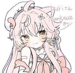 1girl :3 ahoge animal_ear_fluff animal_ears blue_ribbon blue_sailor_collar blush cat_ears choker closed_mouth commentary commissioner_name english_commentary fang grey_choker hair_between_eyes hair_ribbon indie_virtual_youtuber long_hair looking_at_viewer multicolored_hair neckerchief orange_neckerchief pink_hair puri_(vtuber) ribbon riiit44 sailor_collar second-party_source solo streaked_hair thank_you virtual_youtuber whiskers white_background white_hair yellow_eyes