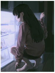 1girl absurdres barefoot black_hair black_shorts from_side hair_behind_ear hair_between_eyes highres kyano_(kyanora3141) long_hair original pink_sweater refrigerator_interior shorts sidelocks squatting sweater