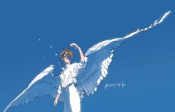 1boy bird_wings blue_background brown_hair closed_mouth cowboy_shot dated feathered_wings hair_over_eyes looking_up male_focus original outdoors pants rido_(ridograph) shadow shirt short_hair solo white_pants white_shirt white_wings wings